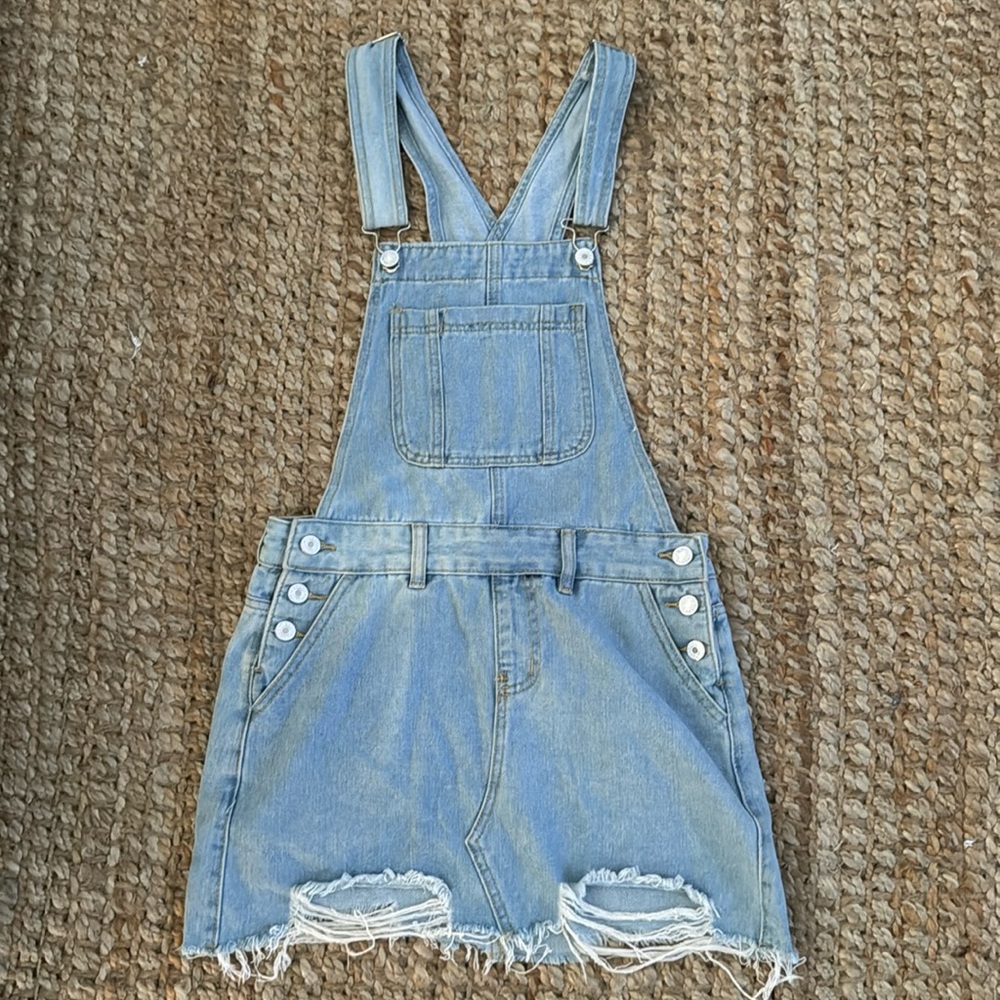LIGHT BLUE JEAN DENIM OVERALLS DISTRESSED MINI SKIRT SIZE SMALL